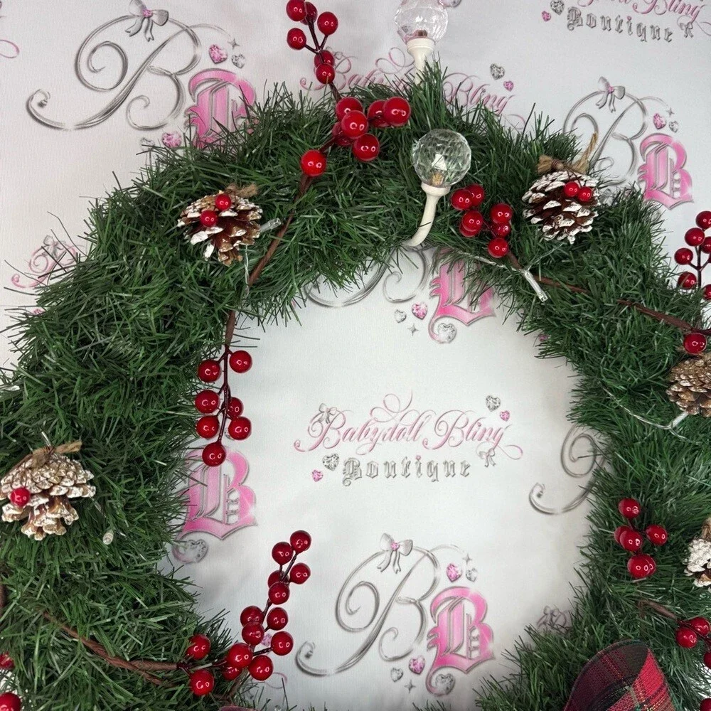 Wreath light up Festive Holiday Wreath acorns Red and Green Plaid Bow lights